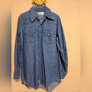 Lee Vintage Made In USA Denim Pearl Snap Western  Shirt 16 - 33  EUC